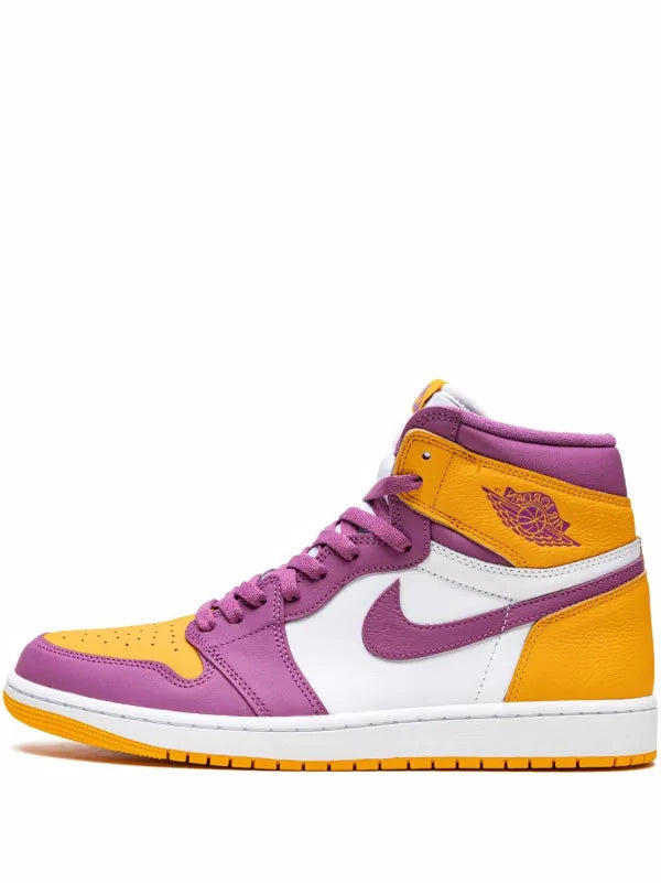 Purple and yellow sneaker with a white background