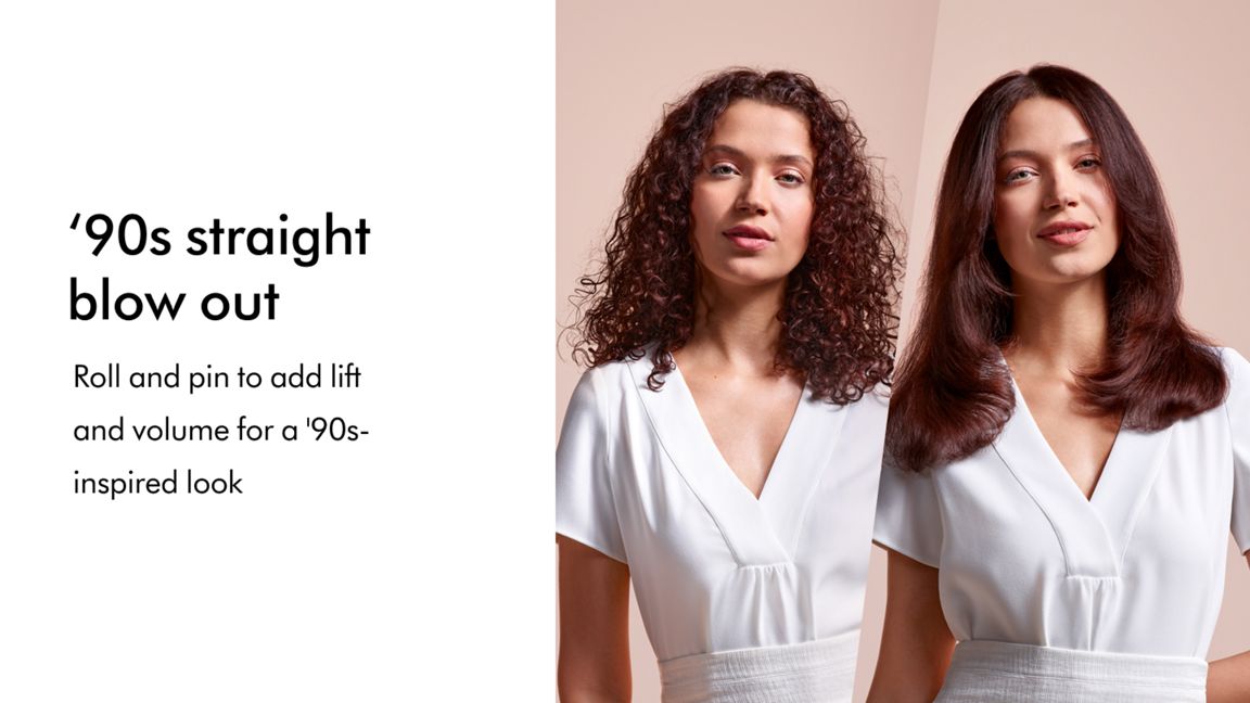 Two women with styled hair, one with '90s straight blowout and the other with natural curls, against a beige background.